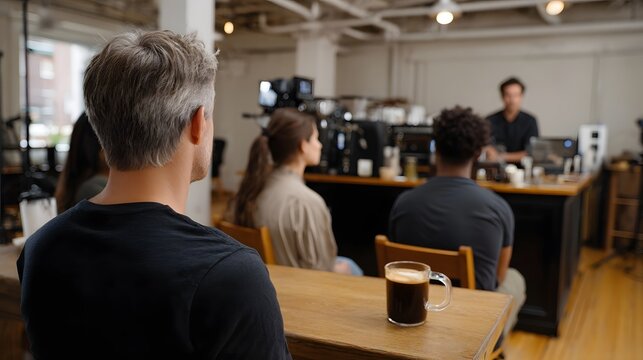 Attendees observe a coffee workshop demonst n in a modern cafe with brewing equipment and s