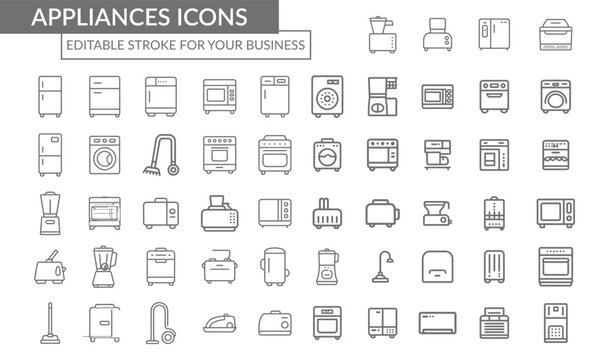Home Appliances Line Icons Set Editable Stroke Household Equipment Vector Collection