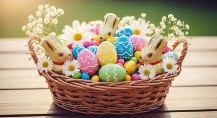 Fototapeta premium Easter basket brimming with colorful eggs bunnies and daisies on a wooden table.
