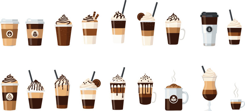 Coffee Drink Icon Set Featuring Lattes, Cappuccinos, Mochas, and Frappes for Beverage, Caf&eacute;, and Dessert Designs