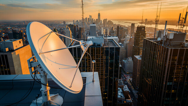 Large white parabolic satellite dish antenna featuring a sleek industrial design and metal support structures positioned securely to facilitate high speed wireless data transmission, global network