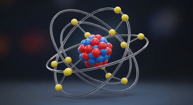 A 3D model of an atom with red and blue spheres in a metallic cage on a dark background.