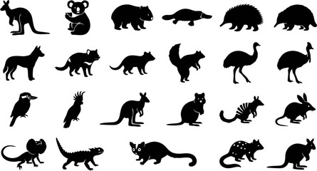 Obraz premium Mega collection of 20 unique Australian wildlife silhouettes solid black shapes vector