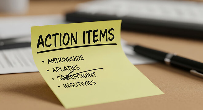 Sticky note yellow with "Action Items" written in black marker for planning and task management. featuring memo, checklist, reminder with