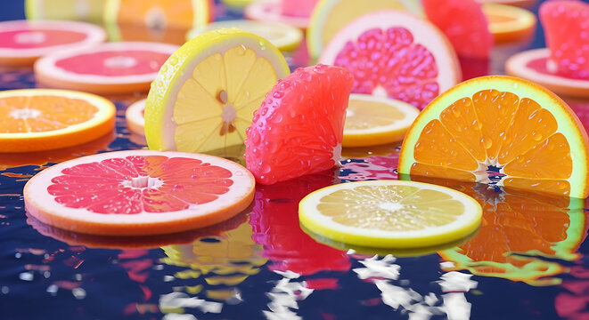 Refreshing close-up of assorted citrus fruit slices, including oranges, lemons, and grapefruits, glistening with water droplets on a dark surface.