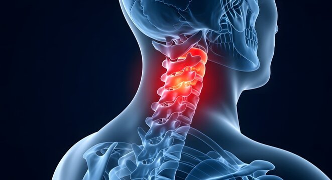 Neck pain and cervical spine anatomy. Osteoarthritis and nerve compression diagnosis. 3D skeleton view showing glowing red cervical vertebrae inflammation