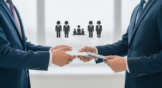 Two businessmen in blue suits exchanging documents, with black human in background