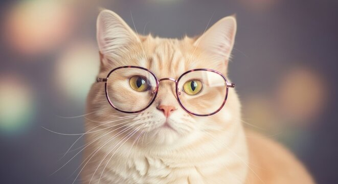 Portrait of a Ginger Cat Wearing Glasses with Bokeh Background.