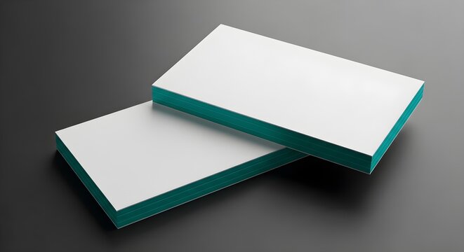 Blank business cards mockup with teal edges on dark grey background