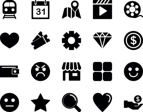 General essential user interface icon set, train, calendar, map, dollar, heart, shop, emoji, star, search