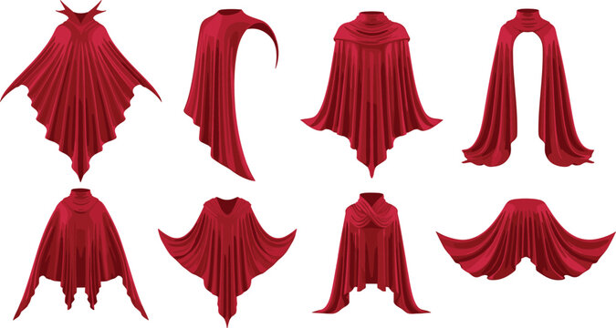 Vector Set of Dramatic Red Capes in Different Styles and Poses for Superhero, Fantasy, and Costume Designs