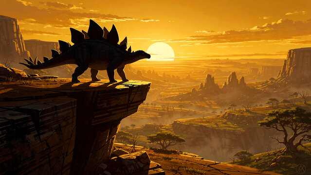 A majestic stegosaurus dinosaur stands tall with iconic dorsal plates and a spiked tail while showcasing its powerful herbivorous prehistoric physique in this detailed illustration that captures...