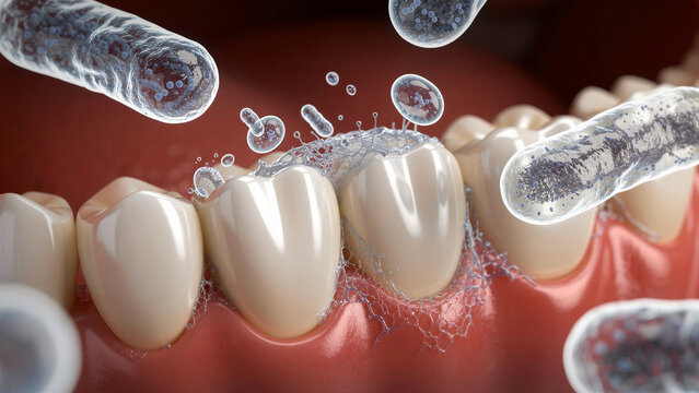 Microscopic view of microscopic bacteria attacking white human teeth causing decay while floating around the gum line area to indicate potential oral hygiene health issues and advanced dental