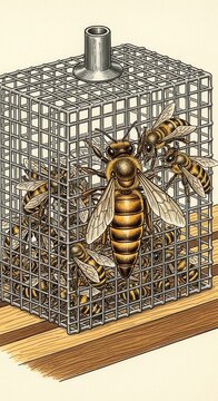 Bees in a Cage - A Detailed Illustration of Apiculture.
