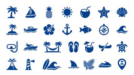 Collection of blue summer vacation icons and symbols for travel and leisure activities on a white background © Iconique Studio