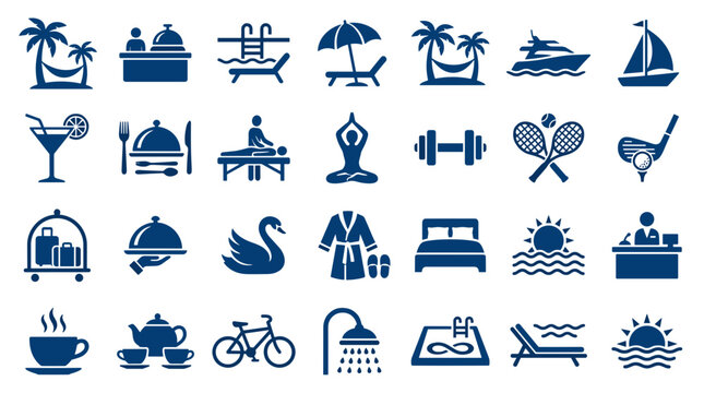 Collection of hotel and resort icons representing amenities and services for vacationers and travelers