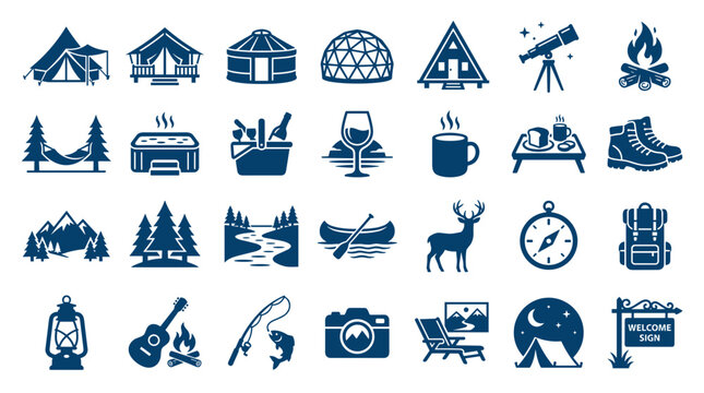 Collection of camping and outdoor adventure icons representing various activities and equipment for nature exploration and recreation