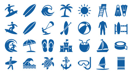 Collection of blue summer vacation and beach activity icons including surfing, swimming, sailing, and relaxation symbols on a white background © Iconique Studio