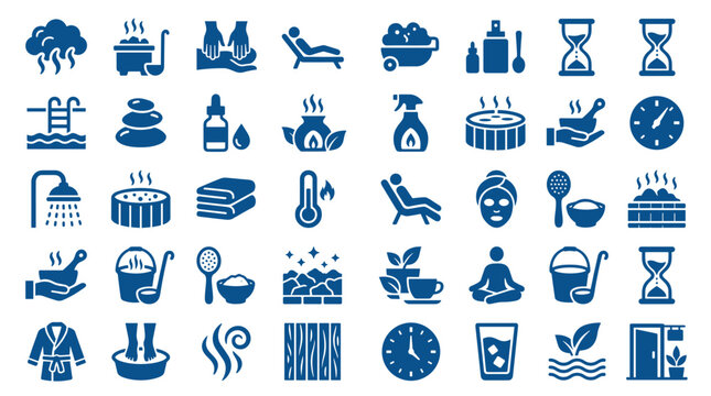 Collection of spa and wellness icons representing relaxation massage aromatherapy hot tub sauna and self care for health and beauty