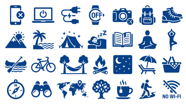 Collection of icons representing outdoor activities travel and leisure with camping hiking biking and relaxation themes in blue color palette