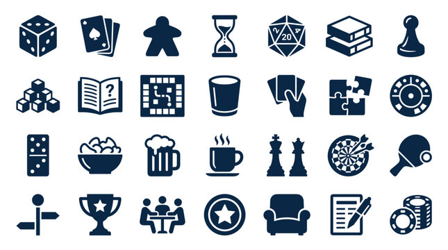 Collection of board game and tabletop game icons representing various leisure activities and entertainment options