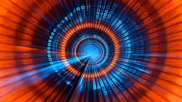 Radial binary code tunnel with blue and orange digits