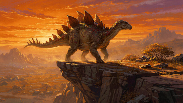 A magnificent, ancient Stegosaurus, with distinctive broad plates along its back and a spiked tail, traverses a rugged cliff edge, its textured skin showcasing vibrant patterns under the warm,