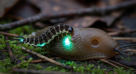 Fototapeta premium Bioluminescent Glow-worm Larva Illuminating a Slug in a Dark Forest Environment.