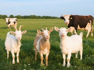 Obraz premium Three curious and friendly goats front and center with two cows in the background, all happily grazing in a vibrant green pasture under a clear blue sky, depicting a joyful rural farm scene