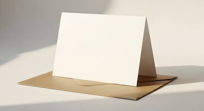 Blank greeting card mockup with a brown kraft paper envelope on a neutral background with soft sunlight and shadows