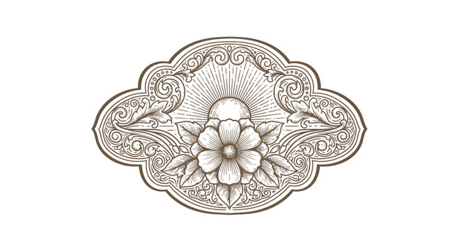 Vintage Engraved Floral Emblem with Sun Rays - Decorative Flourish Design