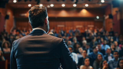 Fototapeta premium CEO announcing company-wide changes to employees in a town hall meeting, the CEO's confident expression and the engaged audience, representing clear communication and leadership visibility