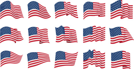 American Flag Icon Set Featuring Multiple Designs of the U.S. Flag in Different Waves and Angles for Patriotism, National Symbols, and Government Designs © Lipi