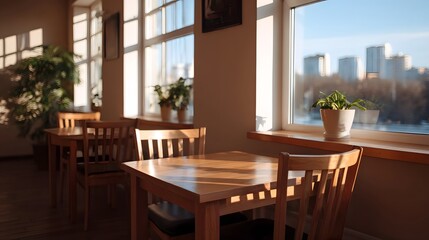 Obraz premium Sunlit cafe interior with wooden tables and chairs offering a peaceful view of a city skyline through large