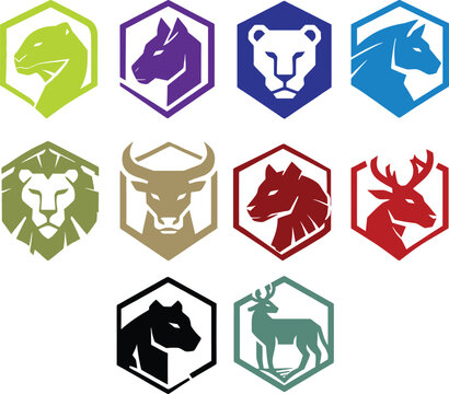 Set of colorful animal head logos including lion, wolf, bull, deer, panther and other wild animals inside hexagon frames. Modern flat vector design with vibrant colors, suitable for branding, esports 