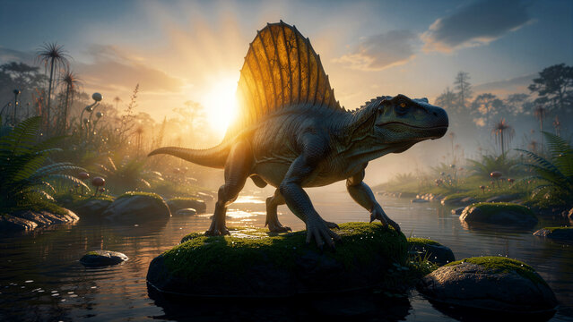 Majestic dimetrodon stands with a prominent dorsal sail featuring detailed leathery skin and powerful limbs while displaying a realistic textured physique characteristic of an ancient synapsid...