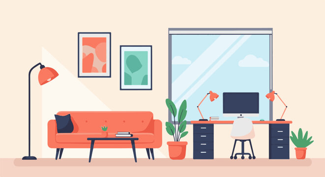 Cozy home office with a vibrant sofa, artwork, and a large window overlooking the sky