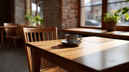 Fototapeta premium A sunlit cup of coffee sits on a wooden table in a serene cafe setting with natural light