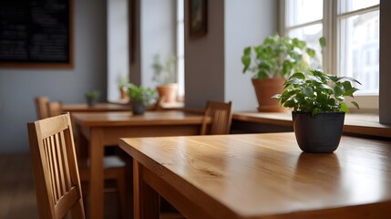 Fototapeta premium Bright cafe interior with empty wooden tables and chairs decorated with potted plants near large