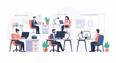 Fototapeta premium Diverse office workers collaborate and focus on tasks at modern desks with computers