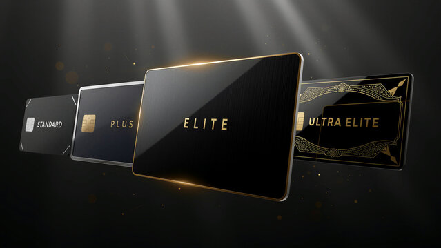 A sophisticated collection of premium black and gold membership cards, showcasing a clear progression of loyalty tiers from standard to ultra elite, designed with elegant financial services for...