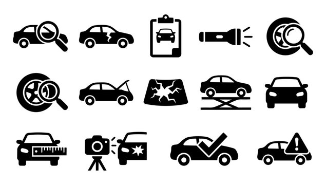 Vehicle Inspection and Damage Icons Silhouette Set &ndash; Car Check, Assessment, Insurance and Repair Symbols