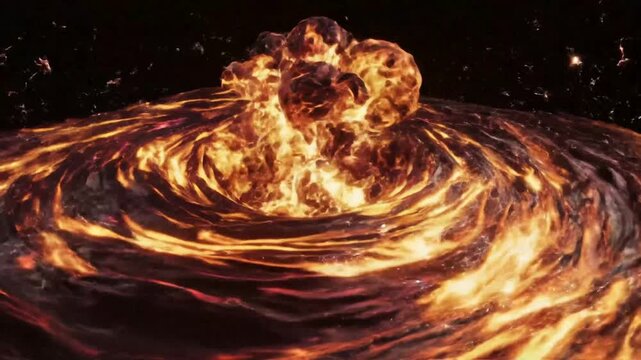 Abstract swirling vortex of molten lava with glowing embers and water splashes