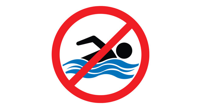 No swimming area warning vector graphic illustration with red circle and crossed-out swimmer design