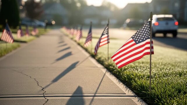 Row of American flags along a residential sidewalk in a peaceful neighborhood