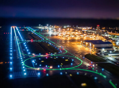 Tilt-Shift Miniature Airport Night Runway Lights Taxiway Blue Green Aerial