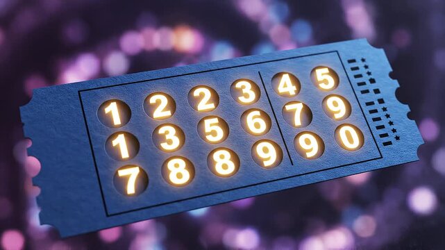 Glowing blue lottery ticket with yellow numbers on purple background