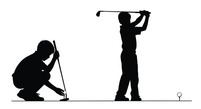 Two young boys enjoying golf practice, one preparing to putt a ball, another swinging a club vector graphic.