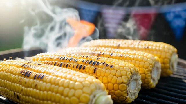 Close up of fresh corn on the cob being grilled on a smoky BBQ