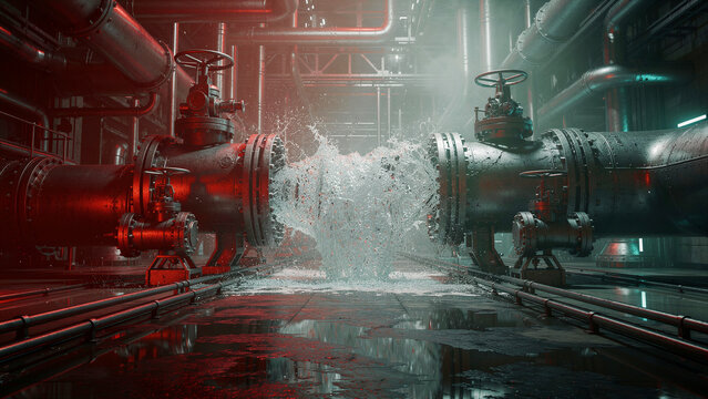 Two imposing, heavily detailed industrial pipes, equipped with large valves, violently expel a massive, high-pressure splash of water from a central rupture point, illustrating an intense, chaotic...